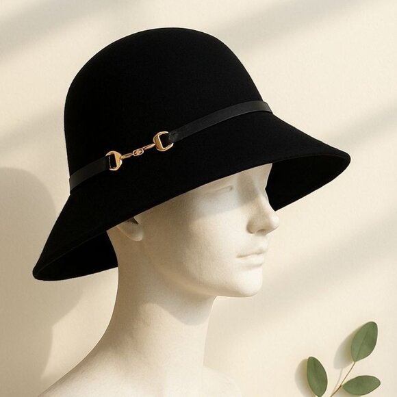 Apt 9 Black Wool Cloche Hat Gold Horsebit Detail Womens Fashion Vintage Style - Picture 2 of 16